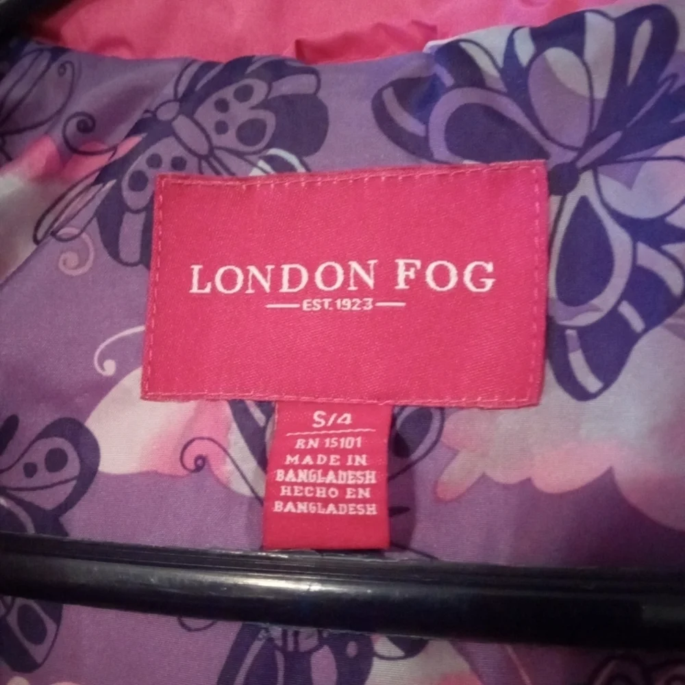 Butterfly Girl's Raincoat London Fog Pink w. Purple Butterfly Lining Hooded Sz 4